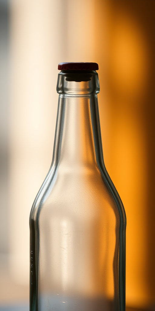 A high-resolution image of a clear glass bottle with a stopper, captured with a Canon EOS 5D Mark IV, 50mm lens, aperture f/1.8, ISO 100, natural light from the side, with a soft focus background.