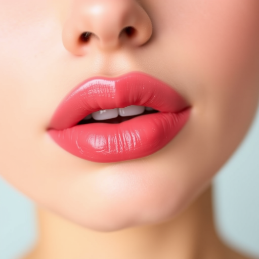 Delicate ombre effect transitions from pale pink to deep rose on perfectly shaped lips, highlighting their voluminous appearance and smooth, hydrated surface