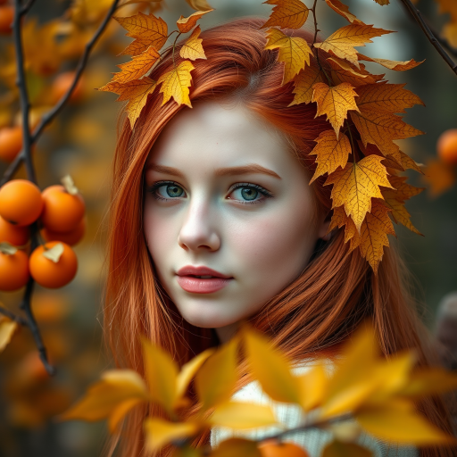 portrait of a young woman with vibrant red hair adorned with autumn leaves and orange fruits, soft focus, 50mm lens, f/1.8, natural light, shallow depth of field, high-resolution digital camera