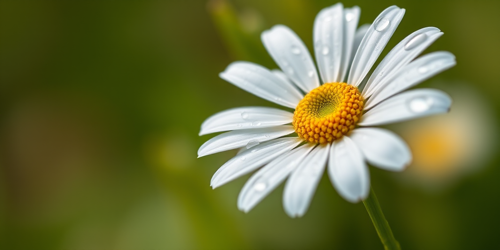 macro shot of a single white daisy with water droplets on the petals, soft focus background, natural lighting, 50mm lens, f/2.8 aperture, ISO 100, 1/200s shutter speed, DSLR camera