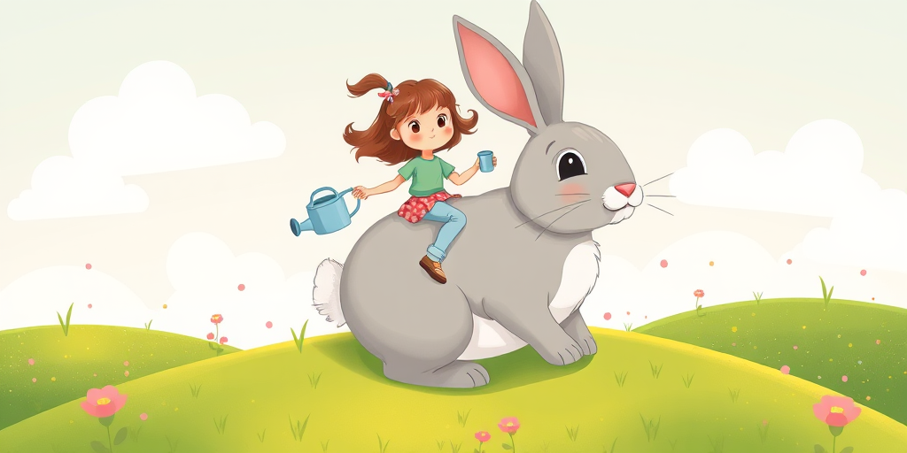 Create a whimsical illustration of a girl riding a large gray rabbit over grassy hills, with a watering can in her hand, vibrant cartoon style, soft pastel color palette, background with fluffy clouds and playful patterns, using a digital drawing tablet, 300 DPI resolution, wide-angle view for depth.