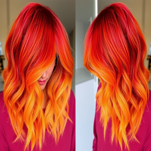 Fierce image showcases Wildfire Ombre shoulder-length hair, transitioning from deep red roots to bright orange mid-lengths and yellow tips, styled in tousled beach waves