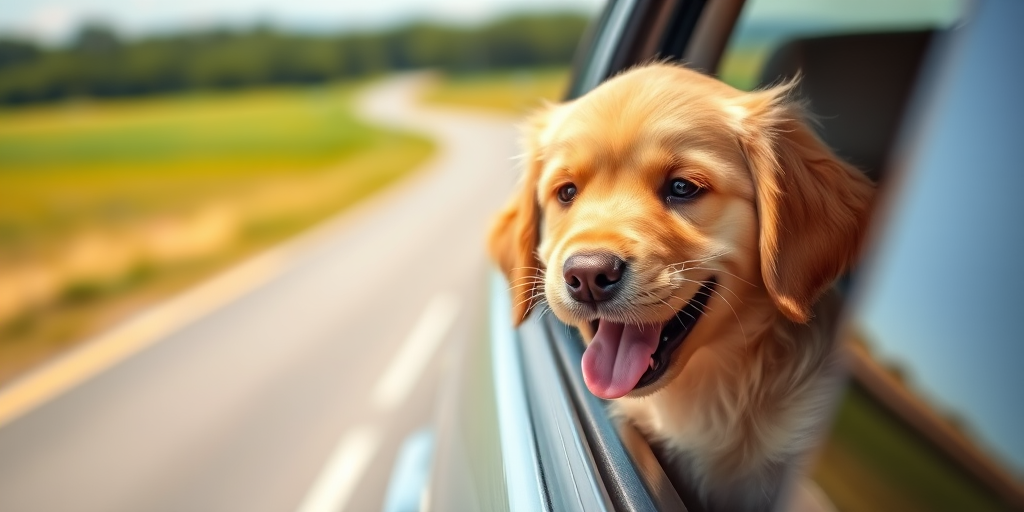 A happy golden retriever puppy with its head out of a car window enjoying a ride on a sunny day with a blurred background of a road and green fields.