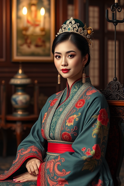 A beautiful Circassian woman in traditional East Asian attire, intricately detailed with embroidered patterns, sitting gracefully in a richly decorated room, soft ambient lighting, serene and elegant, ultra-realistic, 8K resolution