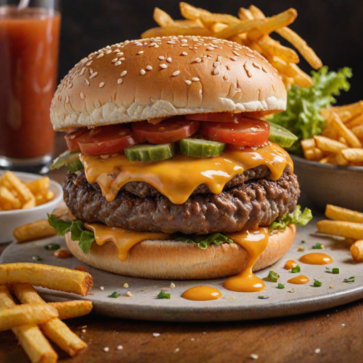 High-resolution, close-up image of a gourmet double cheeseburger. The burger features a glossy, sesame-seed-topped brioche bun. Inside, there are two thick, juicy beef patties, each topped with melted cheddar cheese. The burger is garnished with fresh lettuce, tomato slices, diced onions, and pickles. A generous amount of ketchup and a creamy, orange-colored sauce is dripping down the sides, adding to the mouth-watering appeal. In the background, there are blurred elements including a side of golden French fries and a hint of a beverage, enhancing the overall presentation of a delicious meal.