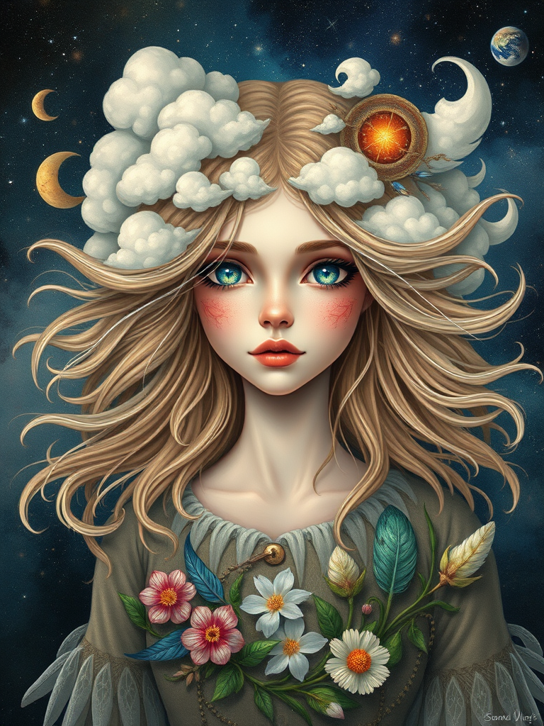 Create a series of imaginative portraits where each subject is infused with elements of fantasy and nature. The hair of the individuals should flow like clouds, varying from soft, fluffy cumulus to wispy cirrus strands, with hints of color reflecting a sunset or a clear blue sky. The eyes should be windows to entire galaxies, with stars, nebulae, and distant planets visible within them. Clothing should be adorned with nature motifs, such as floral patterns that bloom and change, vines that seem to grow and wrap around, or feathers that shimmer with iridescence. Each portrait should capture a unique personality, blending human features with the ethereal beauty of the natural and cosmic world. The backgrounds can vary, from starry night skies to enchanted forests, adding depth and context to the magical realism of the portraits