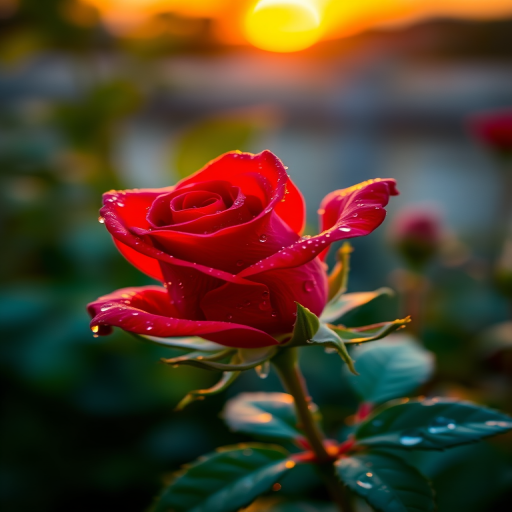 A close-up shot of a single red rose with dew drops on its petals and leaves, captured during golden hour, aperture f/2.8, ISO 100, 50mm lens, DSLR camera, natural lighting to enhance detail and vibrancy.