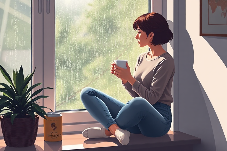 Create a digital illustration of a woman sitting cross-legged by a window, holding a cup of coffee, with rain pouring outside, using a DSLR camera, focal length 50mm, aperture f/2.8, soft natural lighting, and a high contrast style for enhanced clarity and detail.