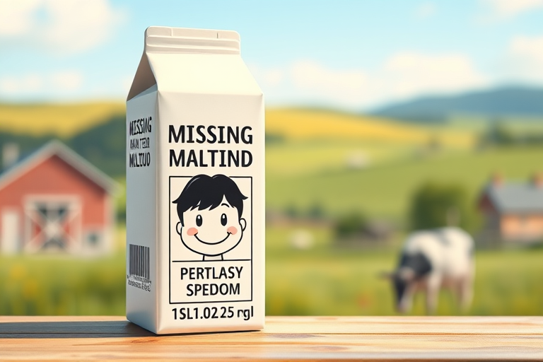 Create a detailed illustration of a milk carton featuring a cartoon character with a smiling face and missing poster design, set against a blurred farm landscape background, with soft natural lighting, using a DSLR camera with a 50mm lens at f/1.8, ISO 200, and shutter speed of 1/200s, angled slightly to the right for depth.