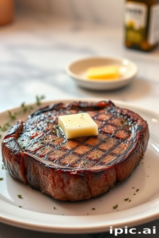 Create an image of a perfectly seared ribeye steak, resting on a white plate with a pat of melting butter on top. The steak is seasoned with fresh herbs like thyme and parsley, with glistening juices highlighting the texture of the meat. The background features a soft focus on a light, marble countertop, with a small dish of butter and an olive oil bottle in the distance. The overall mood should be warm and inviting, capturing the deliciousness and juiciness of the steak.