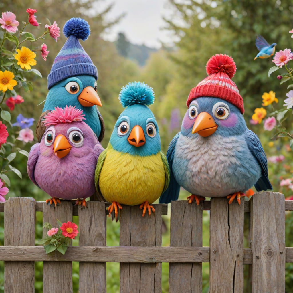 create a scene of 4 quirky  whimsical colourful comical birds each with a funny expression. they are sat on a wooden fence with colourful flowers. they are all different sizes. each one is a different colour  one is wearing a woolly hat. Each one has a different quirky google expression and there is a muted background of trees watercolour paintierly style high definition 8k resolution 3D paper mache