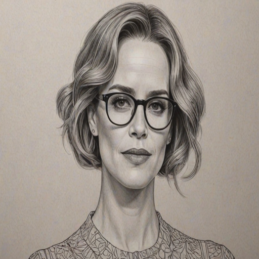 Dazzling Sarah Paulson, pencil sketch, portrait of Captivating woman 1920s in glasses, hair style beatnik, outline, clear lines, fine lines, 8k
