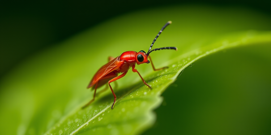 macro shot of a red insect on a green leaf with blurred background, aperture f/2.8, shutter speed 1/250s, ISO 100, taken with a DSLR camera, using a 100mm macro lens, natural lighting