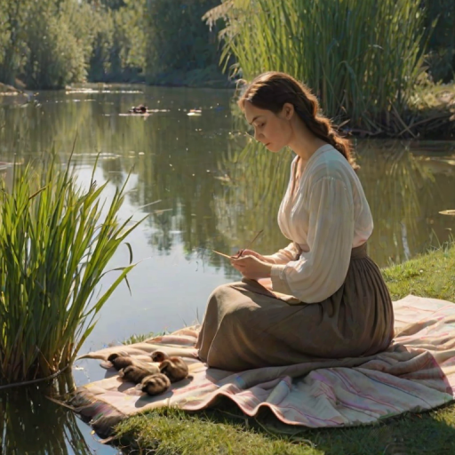 Serene riverside with tall reeds, a woman in a long skirt sits on a blanket, sketching the tranquil scene while ducks swim lazily by.