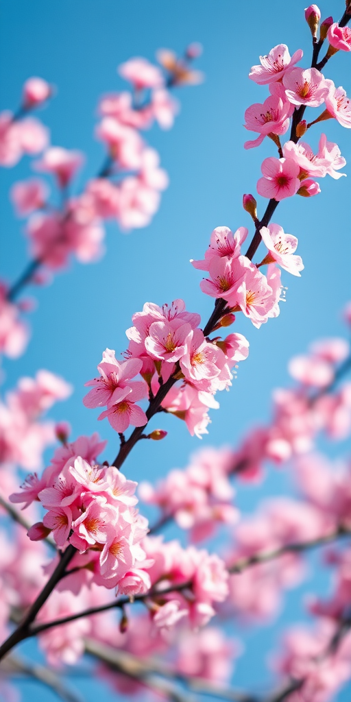 high-resolution image of cherry blossom branches with vibrant pink flowers against a clear blue sky, macro lens, f/2.8 aperture, ISO 100, 1/500 shutter speed, shot with a DSLR camera, natural lighting, focus on flower details, shallow depth of field