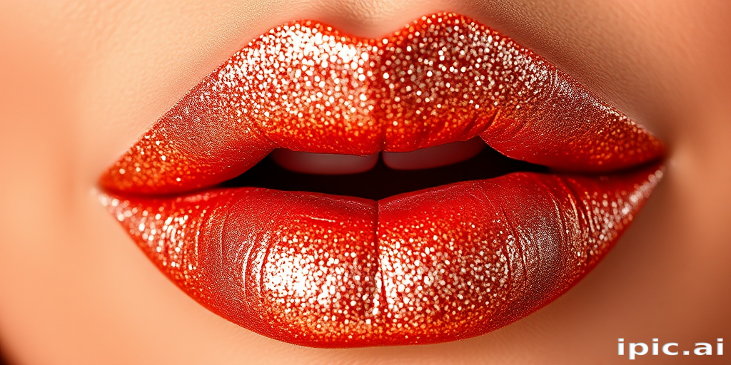 Glittering rose gold lips catching the light, three-dimensional texture with micro-shimmer, plush and pillowy appearance, glamorous and eye-catching Champagne Fizz Glitz style