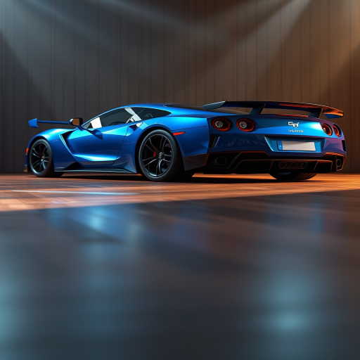 high-resolution 3D render of a blue sports car on a wooden floor with dramatic lighting, 35mm lens, f/2.8 aperture, ISO 100, shot from a low angle, realistic shading and reflections, 3D modeling software