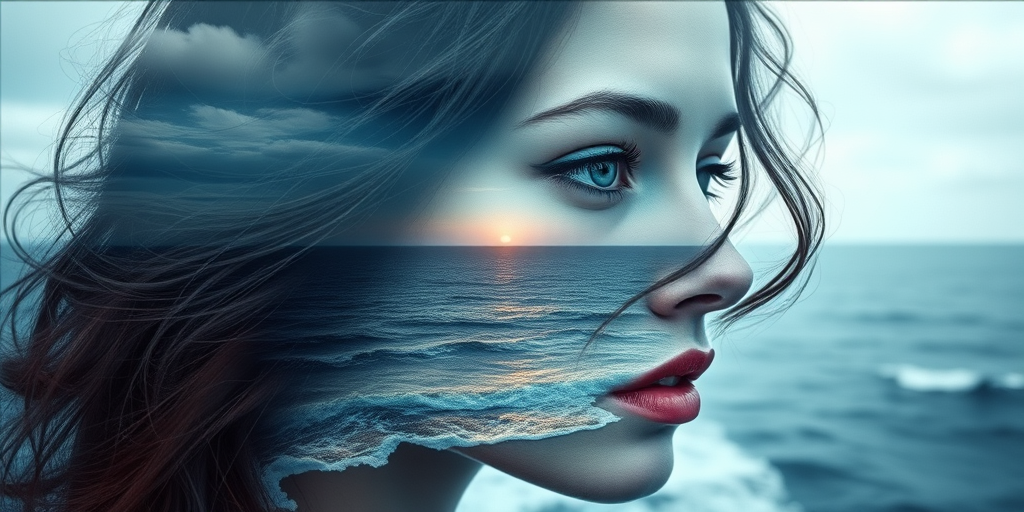 design Book cover, A surreal double exposure portrait that blends a woman's face with a beautiful seascape. The overall mood is dreamy and mystical, with rich colors and intricate details