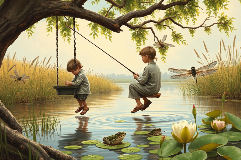 Imagine a small group of old fashioned young boys out fishing by the creek, a swing hanging from a tree branch, reeds and grasses by the water's edge, a frog sitting on a lily pad, dragonflies hovering over som water plans, a very iconic old fashioned scene reminiscent of a Norman Rockwell painting style