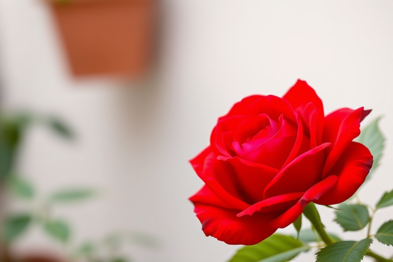 Capture a realistic red rose with vibrant petals and lush green leaves, positioned slightly to the right against a soft blurred background, using a DSLR camera at f/2.8 aperture, 50mm lens, 1/200s shutter speed, natural lighting.