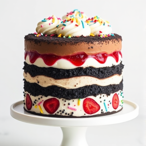 Create an image of a layered ice cream cake with distinct layers of chocolate ice cream red fruit filling and a black cookie crumble layer topped with whipped cream and colorful sprinkles on a white cake stand against a light background.