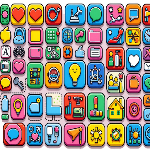 Create a vibrant, detailed illustration of a grid of colorful icons representing various themes like health, entertainment, and activities, with high-resolution clarity, taken with a DSLR camera at f/8 aperture, ISO 100, 50mm lens in natural light.