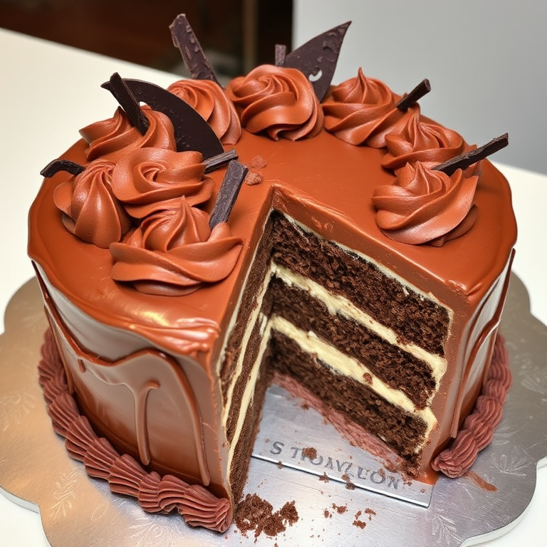 A beautifully decorated chocolate cake with multiple layers and intricate frosting designs topped with chocolate shards and swirls, one slice cut out to reveal the rich, moist layers inside, placed on a decorative silver platter.