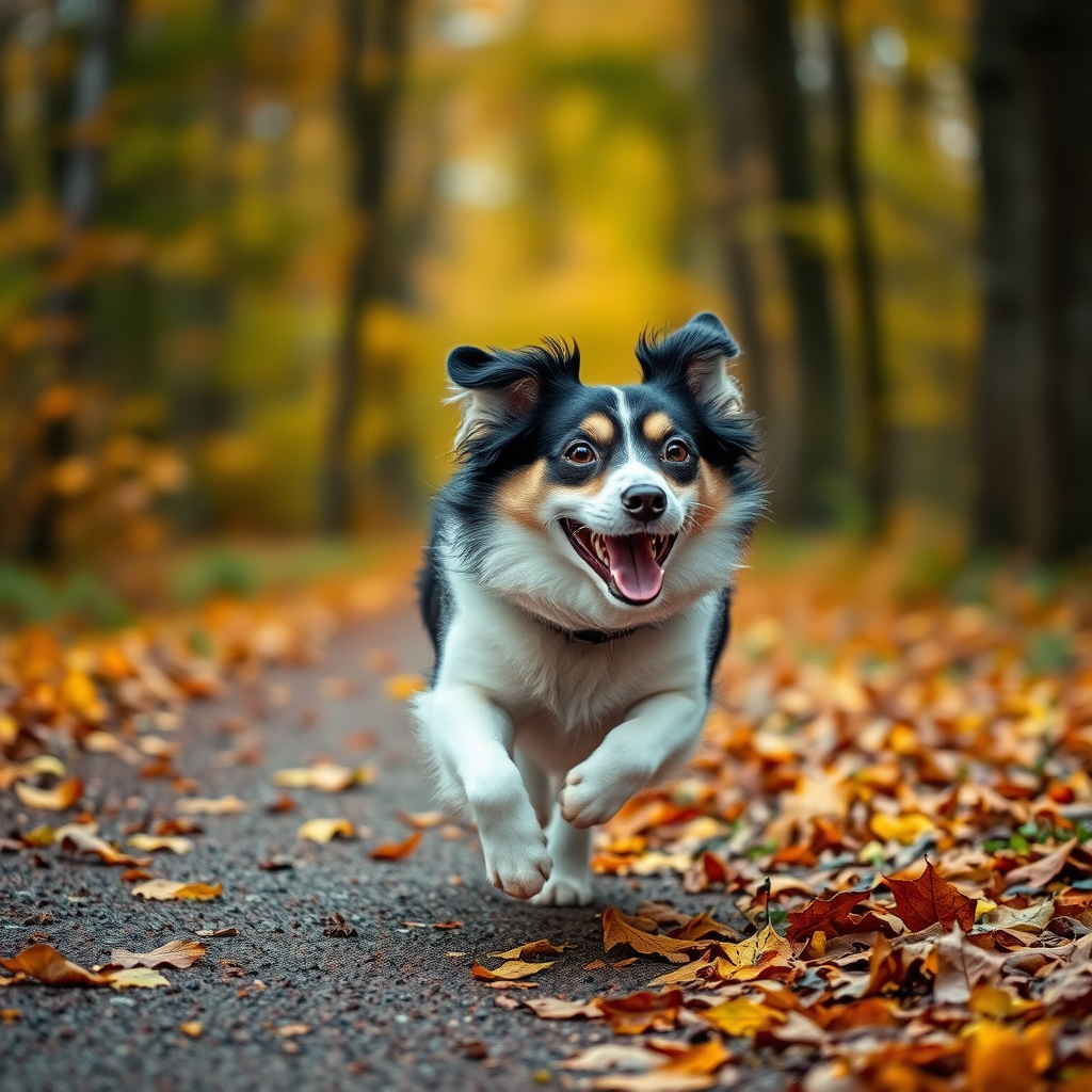 a happy dog with black and white fur running along a forest path covered in autumn leaves, with a soft focus and warm lighting