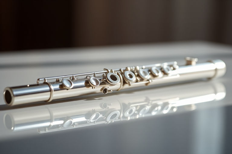 Create a high-resolution image of a flute lying horizontally on a reflective surface with soft, diffused lighting, using a DSLR camera at f/4 aperture, 1/125 shutter speed, ISO 200, 50mm lens, shallow depth of field for a blurred background.