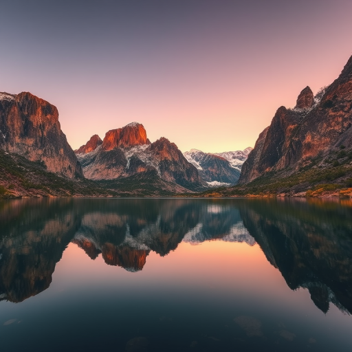 Generate a high-resolution landscape image of towering rock formations surrounded by calm waters reflecting the mountains, captured with a Canon EOS 5D Mark IV at f/8, ISO 100, 1/125 sec, in a wide-angle view with vibrant colors and sharp details.