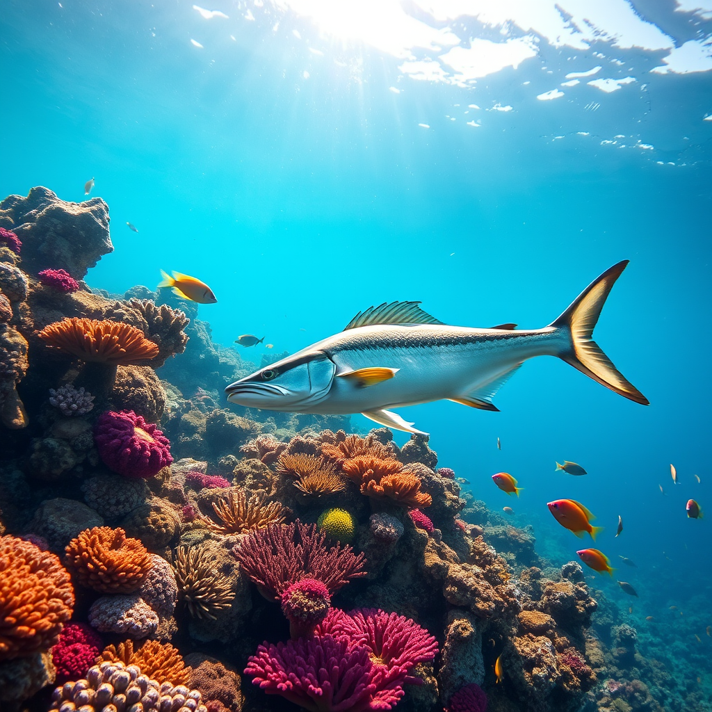 Underwater scene featuring a barracuda swimming among colorful coral and various fish, taken with a Canon EOS R5 at f/8, 1/125 sec, ISO 400, wide-angle lens, captured from a low angle with natural light filtering through the water.