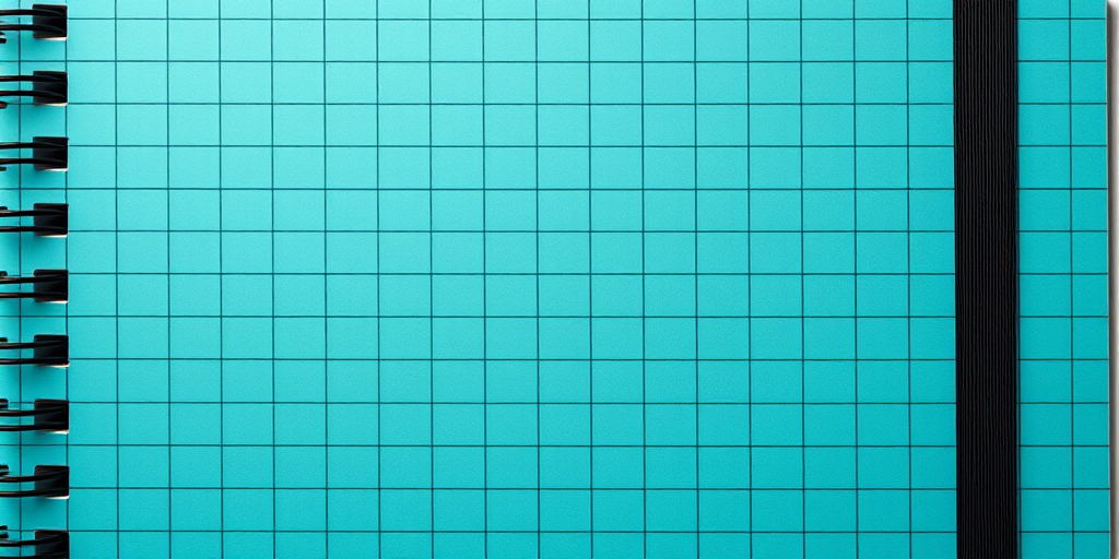 create a high-resolution image of a teal and black grid pattern with spiral notebook edges, captured using a DSLR camera at f/8 aperture, ISO 100, 50mm lens, in natural lighting, top-down view for enhanced detail and clarity