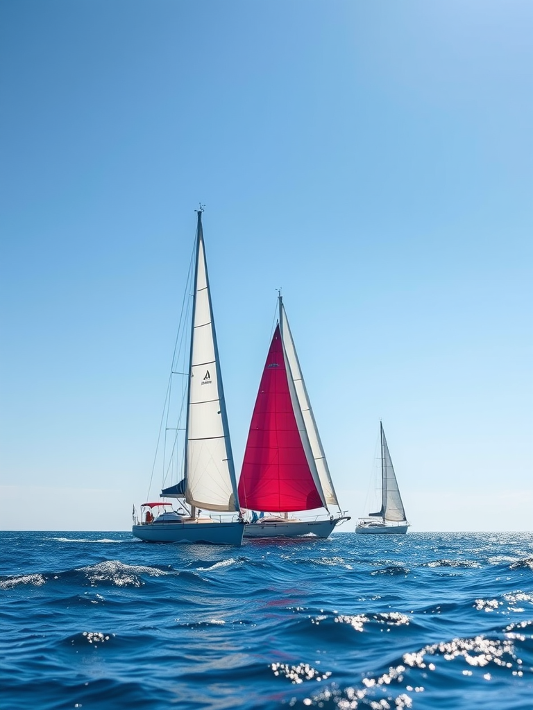 Create a vibrant image of sailboats on a sparkling ocean with a clear blue sky, shot with a DSLR camera at f/8 aperture, 1/500 sec shutter speed, ISO 200, taken from a low angle with a wide-angle lens to capture the detail of the water and boats.