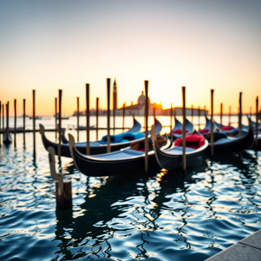 A serene waterfront scene featuring traditional gondolas lined along wooden poles at sunrise, with a soft focus on the vibrant colors of the boats reflecting in the water, shot with a Canon EOS R5, 24mm lens, f/8 aperture, 1/100s shutter speed, ISO 100, 5:4 aspect ratio, wide-angle view for expansive detail and clarity.