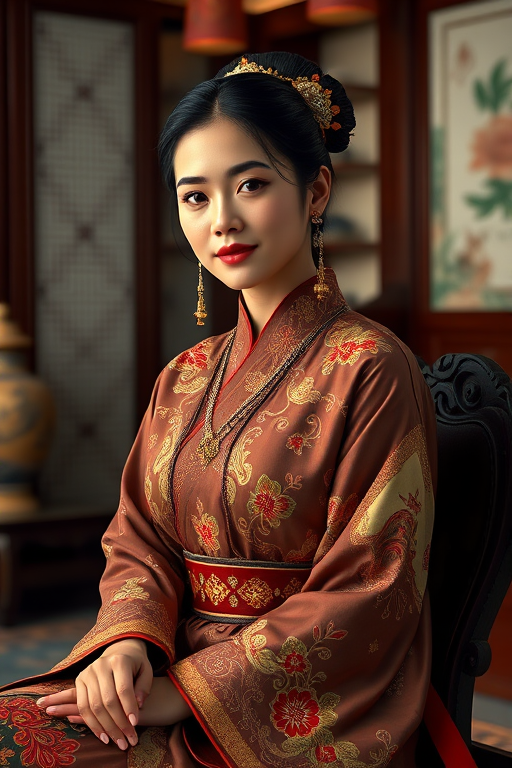 A beautiful Latino woman in traditional East Asian attire, intricately detailed with embroidered patterns, sitting gracefully in a richly decorated room, soft ambient lighting, serene and elegant, ultra-realistic, 8K resolution