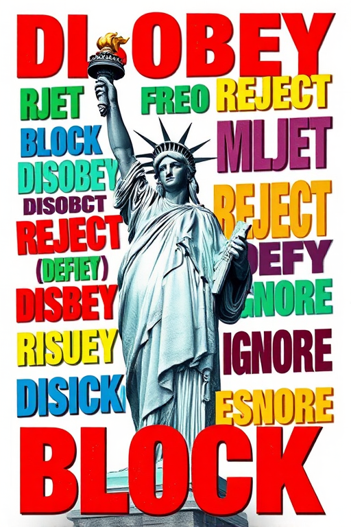 Create an image of the Statue of Liberty surrounded by bold, colorful text that reads "Disobey," "Reject," "Defy," "Ignore," "Block," and similar protest words in various sizes and orientations; use a Canon EOS R5 camera, 50mm lens, f/8 aperture, ISO 100, and HDR photography style for enhanced clarity and vibrancy.