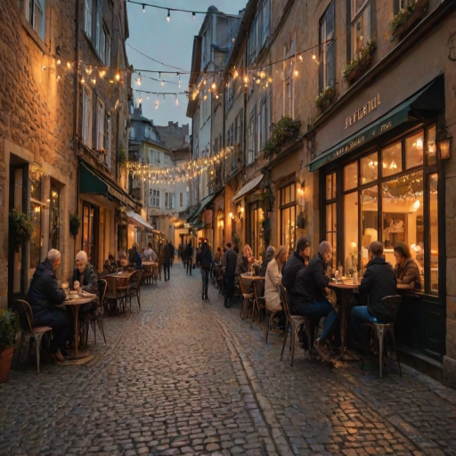 Charming cafe on a cobblestone street, warm light spilling from its windows, with couples enjoying their evening coffee under twinkling string lights.