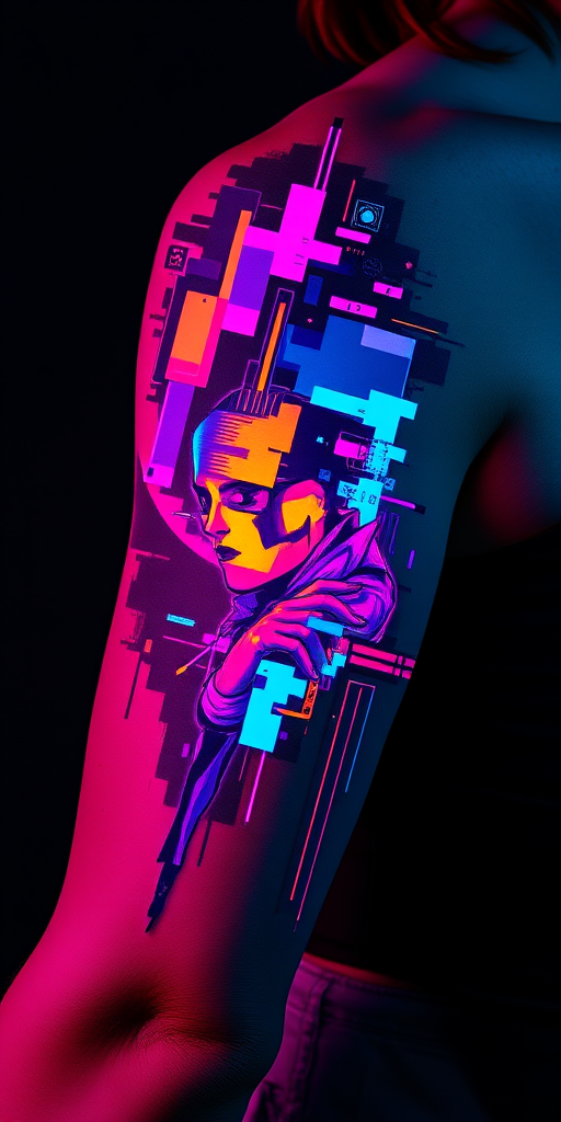 Glitch art-inspired pixelated design on upper arm, fragmented and distorted image in neon colors creating futuristic cyberpunk aesthetic