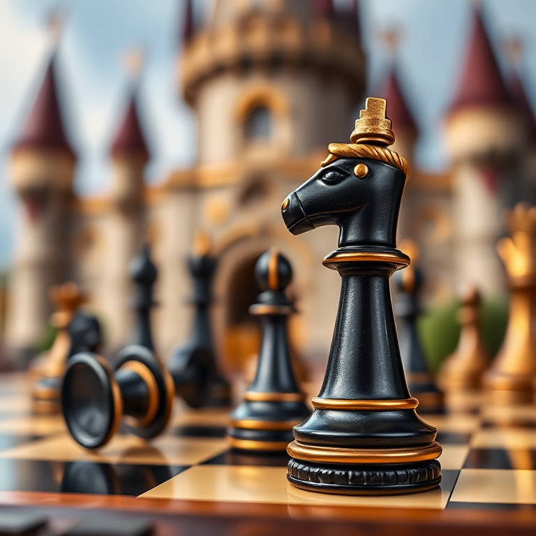 A close-up view of a beautifully crafted black and gold chess knight on a luxurious chessboard, with a blurred castle background, captured with a Canon EOS R5 at f/1.8, ISO 100, 1/200 sec, using a 50mm lens to enhance depth of field and image clarity.