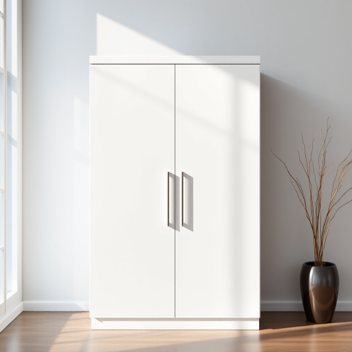 Create a high-resolution image of a modern, glossy white cabinet with two doors, front view, using a DSLR camera at f/2.8 aperture, 24mm focal length, ISO 100, and natural lighting.