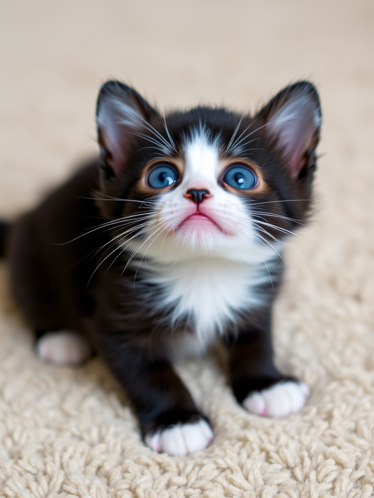 Generate an image of a small black and white kitten with bright blue eyes looking up curiously while sitting on a soft beige carpet. The background should be slightly blurred to emphasize the kitten.