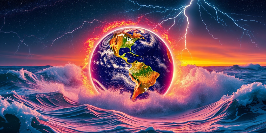 Vivid cosmic scene of a glowing Earth surrounded by electric lightning in a swirling ocean, captured with a Canon EOS R5, 24mm lens, f/8 aperture, ISO 100, at sunset with a long exposure for dynamic waves and enhanced colors.