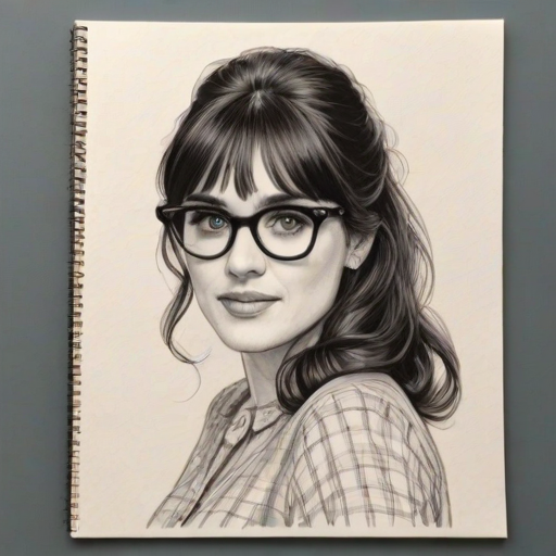 Resplendent Zooey Deschanel, pencil sketch, portrait of Enchanting woman 1961s in glasses, hair style beatnik, outline, clear lines, fine lines, 8k