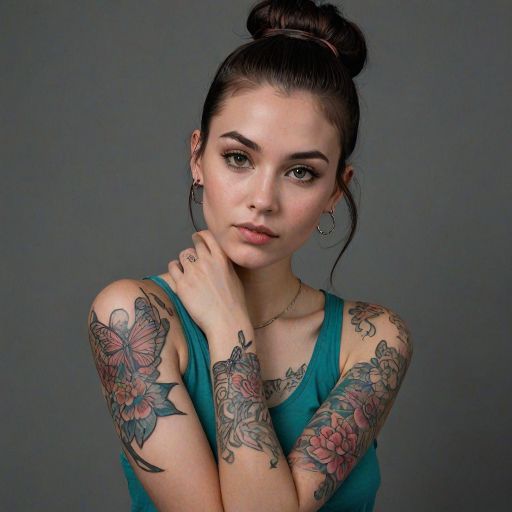 A portrait of a young woman with long dark hair tied up in a bun, with pink streaks, and intricate shaved designs. She is wearing a teal tank top and has a large butterfly tattoo across her chest and multiple colorful floral tattoos on her arms. The woman is looking off to the side, slightly tilted, her right arm is crossed over her chest, and her left hand is resting on her upper arm. The lighting is soft and warm, highlighting the details of the tattoos. The background is a simple, dark gray, providing a neutral backdrop for the subject. The photo has a natural, relaxed feel and a slightly artistic, moody atmosphere.  She is wearing several silver rings and bracelets on her arms, and a pair of long silver dangle earrings with red accents.  Her face is slightly shadowed, giving a soft and alluring feel.  The composition is centered on the woman, who is positioned against a dark background, the emphasis is on her tattoos and the subtle expression on her face.