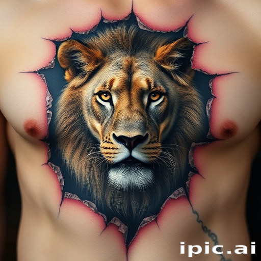 Realistic 3D tattoo called "Living Canvas" featuring a hyper-realistic portrait of a majestic lion emerging from a torn piece of skin, creating the illusion of depth and dimensionality, with intricate details such as individual fur strands and lifelike eyes that seem to follow the observer, ideal for those seeking a bold and awe-inspiring piece of body art.