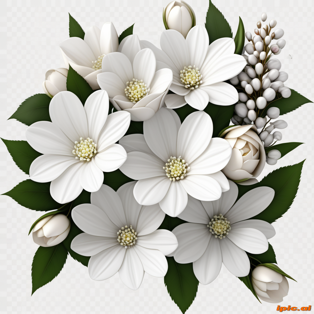 Elegant Arrangement of White Flowers with Lush Green Leaves and Buds