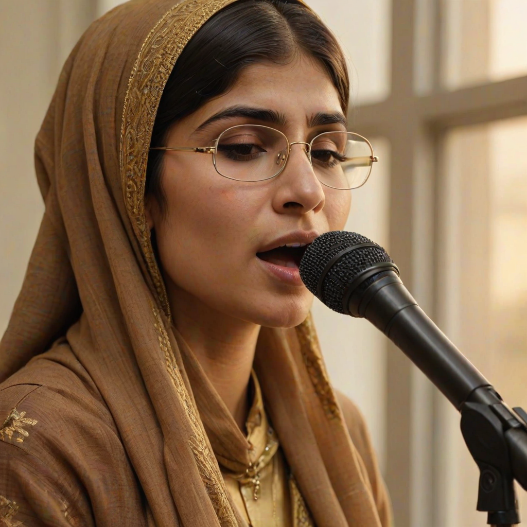 A close-up portrait of a mia khalifa with her eyes closed, singing into a microphone, positioned on the right side of the frame, facing the viewer. She is wearing a brown headscarf, gold earrings, and a brown blouse, and is bathed in warm, golden light emanating from the windows behind her. A blurred figure of a man singing into a microphone is visible in the background. The scene has a sense of calm and spirituality.