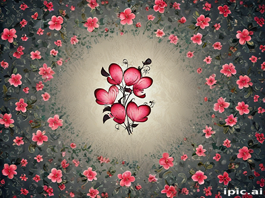Delicate Pink Flowers Surrounded by a Floral Pattern on a Dark Background
