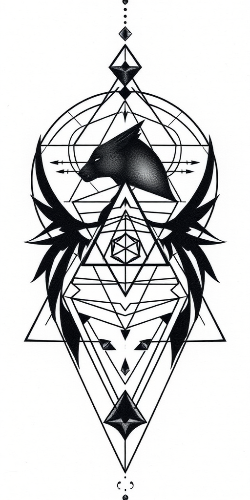 Geometric blackwork tattoo combining sacred geometry and animal silhouettes, precise line work and symmetry, bold contrast and negative space, modern minimalist design