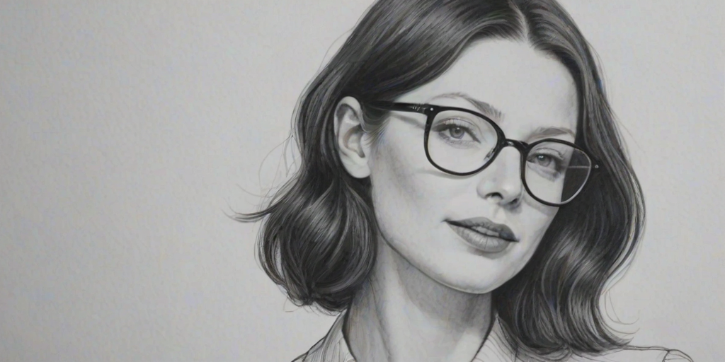Gorgeous Caitriona Balfe, pencil sketch, portrait of Radiant woman 1937s in glasses, hair style beatnik, outline, clear lines, fine lines, 8k